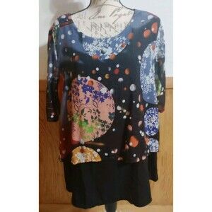 Womens Pullover Layered SS Tunic Blouse Dressy Boho Colorful Top Circles EUC